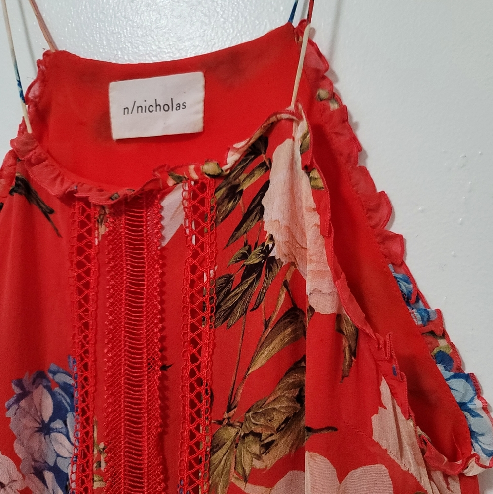 NICHOLAS X Revolve Red Floral Crochet Trimmed Silk Halter Mini Shift Dress Sz6 - Picture 6 of 16